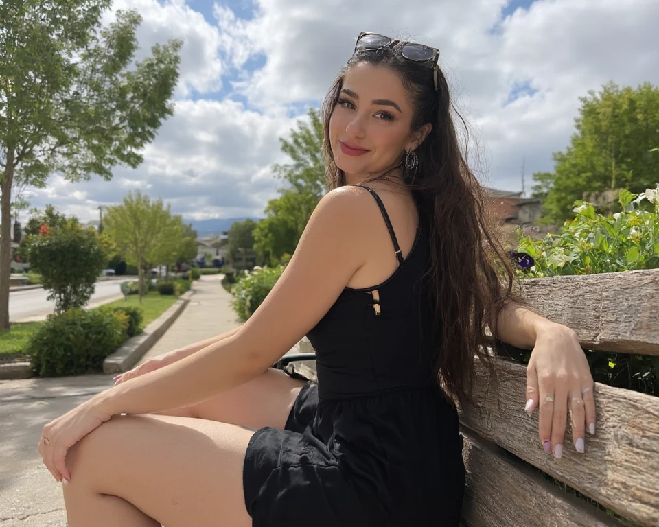 An elegant realistic brunette woman with harmonious generous curbs, natural selfie in a park