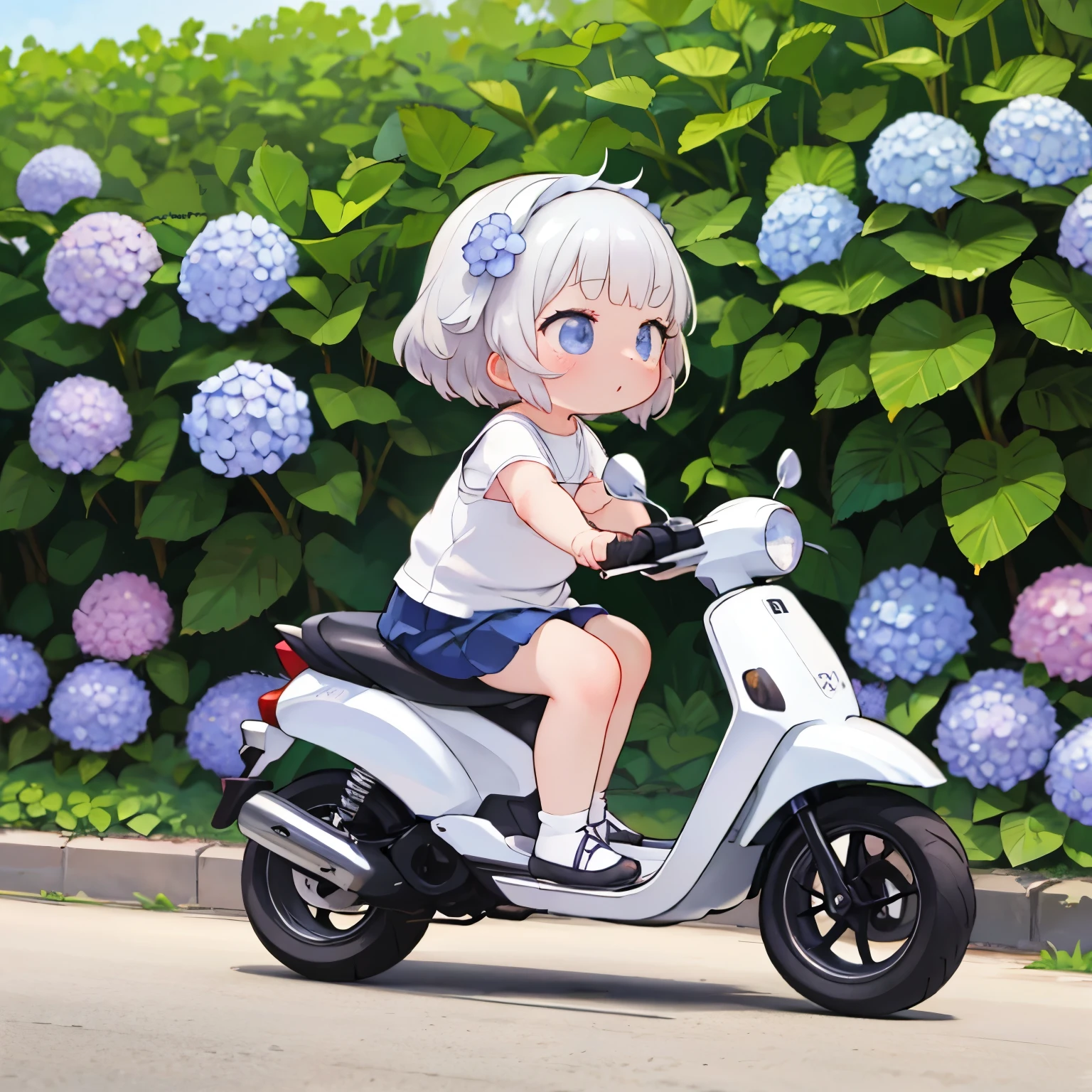 masterpiece,Best Quality,cute girl riding a small scooter,Early summer hydrangea flowers,