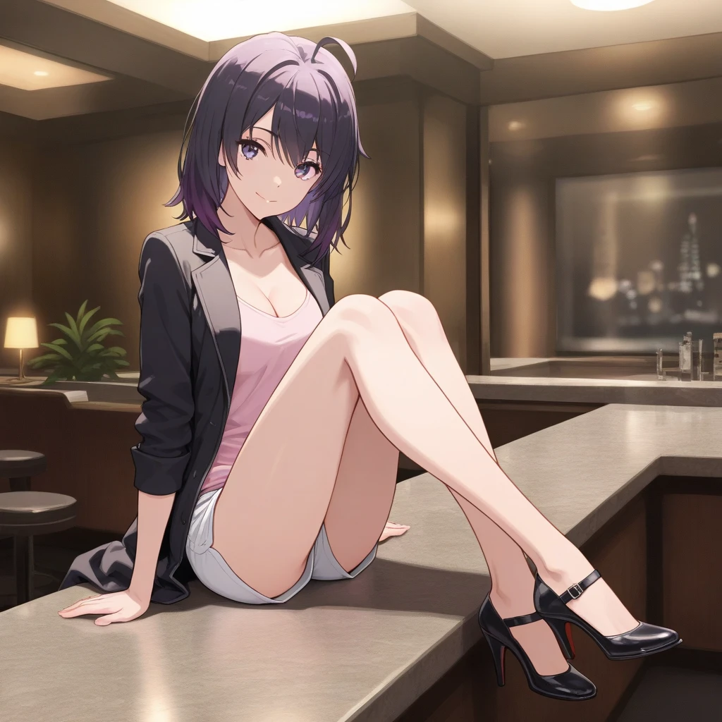 １people々 girl,((Haruno YukinoshitaFull Body)),Purple Hair ,(masterpiece:1.2), highest quality, (((Thin legs))),((((High resolution)))), unity 8k wallpaper, (shape:0.8), Highly detailed face, Perfect lighting, Extremely detailed CG,(((garden)))),(((((Big Breasts)))))、(((((office lady))))、(((On the bench))),(((suit))),((Black tight skirt)),(((Black long boots))),(((Black pointed toe)))、(((Black stiletto heels)))、choker、((((Thin legs)))),short hair,(White panties),(((Hand in))),Panchi et al.,smile、((Starry Sky)),(((The jacket is torn)))