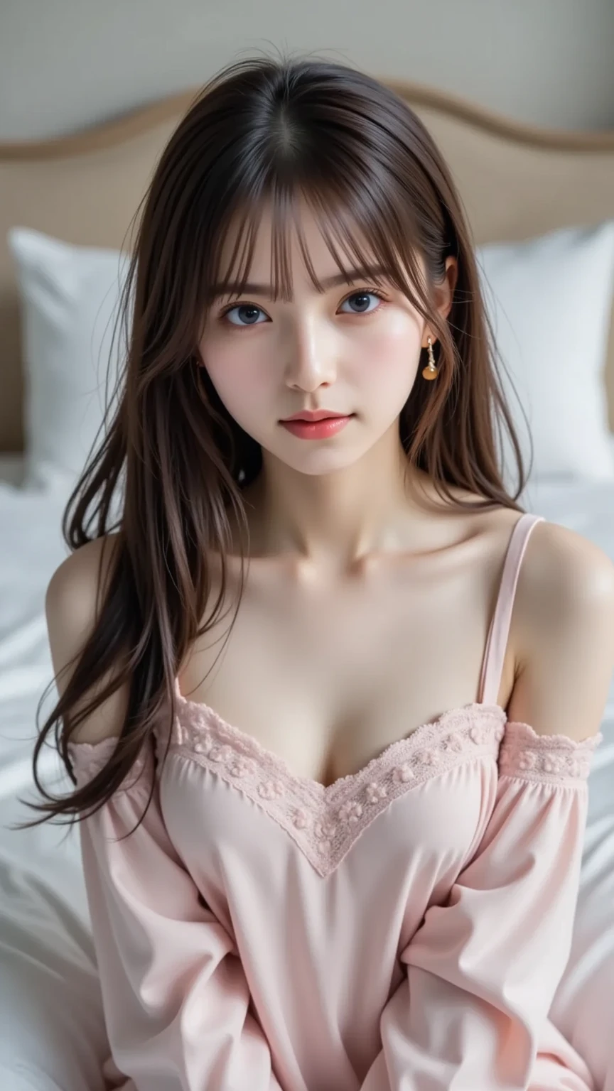 (1girl in:1.3), Cinematic Light, (masutepiece, of the highest quality, Best Quality, Beautiful and aesthetic:1.3), ighly detailed,highest details,(Ultra-detailed),,
From above,(( lying on bed)),
Solo, breasts, Silky long hair, (Brown hair), Roses were scattered all over the beds,
((Suit)), ((Shirt)), opened breast,