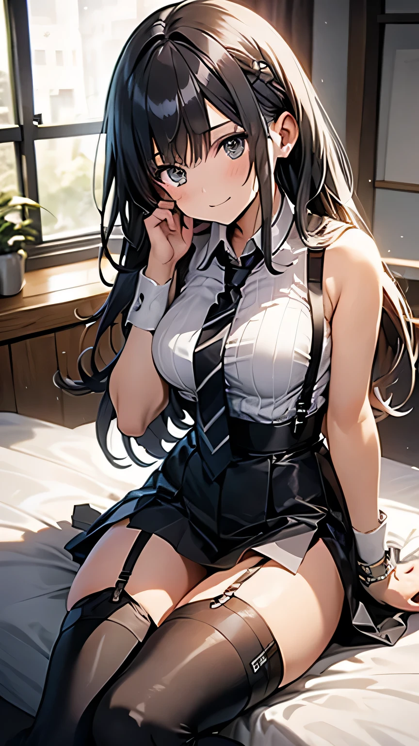 Gazing at the audience Black suspenders bulging big breasts wall mini skirt garterbelt garter vision Small face holster Beautiful woman Show me your hands Lying in bed vision Taunt ~ side ~ side汗 arm belt summer Armpit sweat