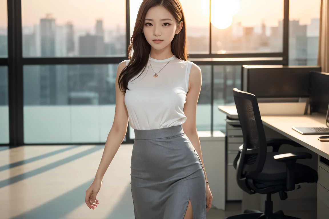 ((of the highest quality, 8K, masutepiece: 1.3, Raw photo)), Sharp Focus: 1.2, (1 AESPA Girl :1.1), Solo, (Realistic, Photorealistic: 1.37), (Face Focus: 1.1), Cute face, hyperdetailed face, (short messy hair:1.1), Small Smile, Small breasts, flat chest, nude, (Neat white dress, business skirt, Thigh: 1.2), office room