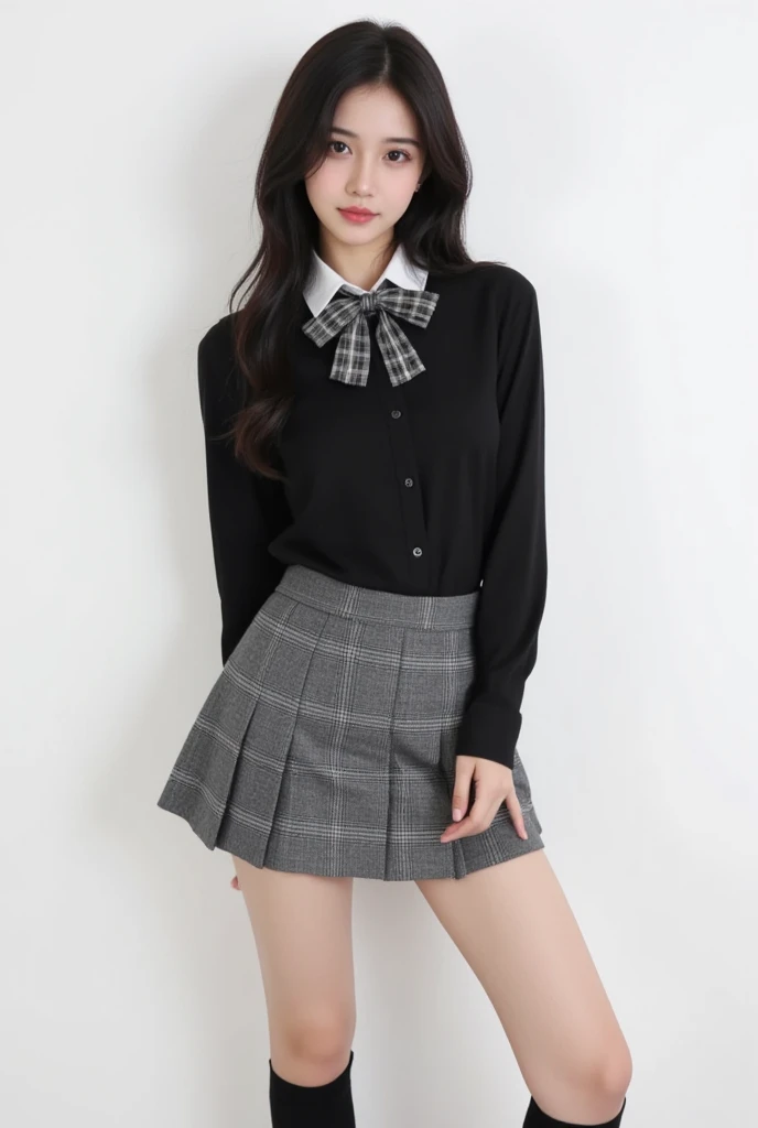 Girl with short medium black hair, black sweatshirt, White shirt, gray plaid skirt and black measurements
