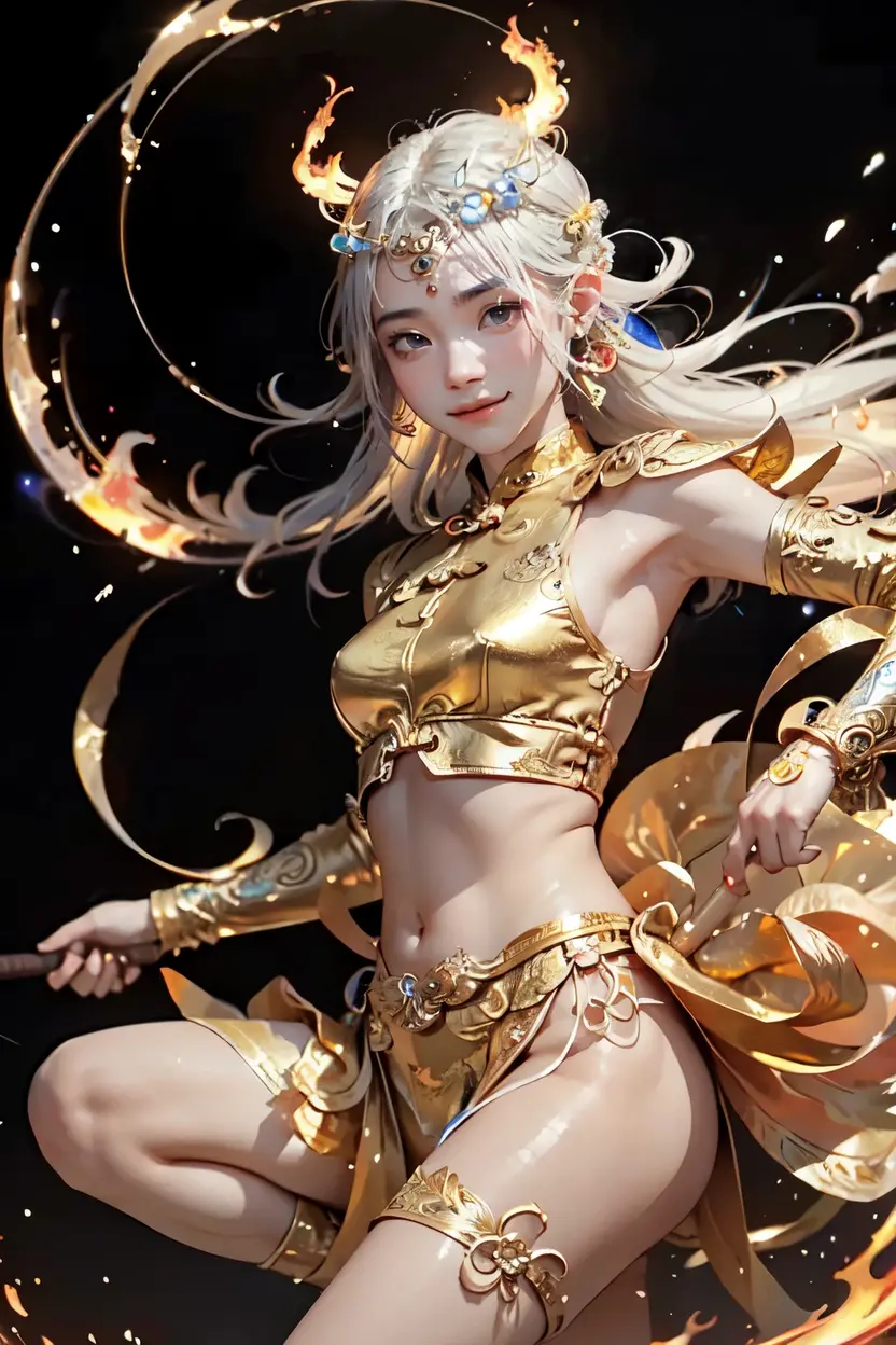 ((1 person)),chiquita,Holding a golden hoop stick in his hand, Bo Xilai staff table, Fight for Buddha, Normal hands, Clouds of flame under your feet, Fire-eyed golden eyes Bright and brave, Very beautiful anthropomorphic monkey, Fighting stance, Guan yu, Inspired by Huang Shen, Inspired by Hu Zaobin, Legend has it that the monkey god with a spear, Gold Chinese armor, battleground background, Flaming aura,