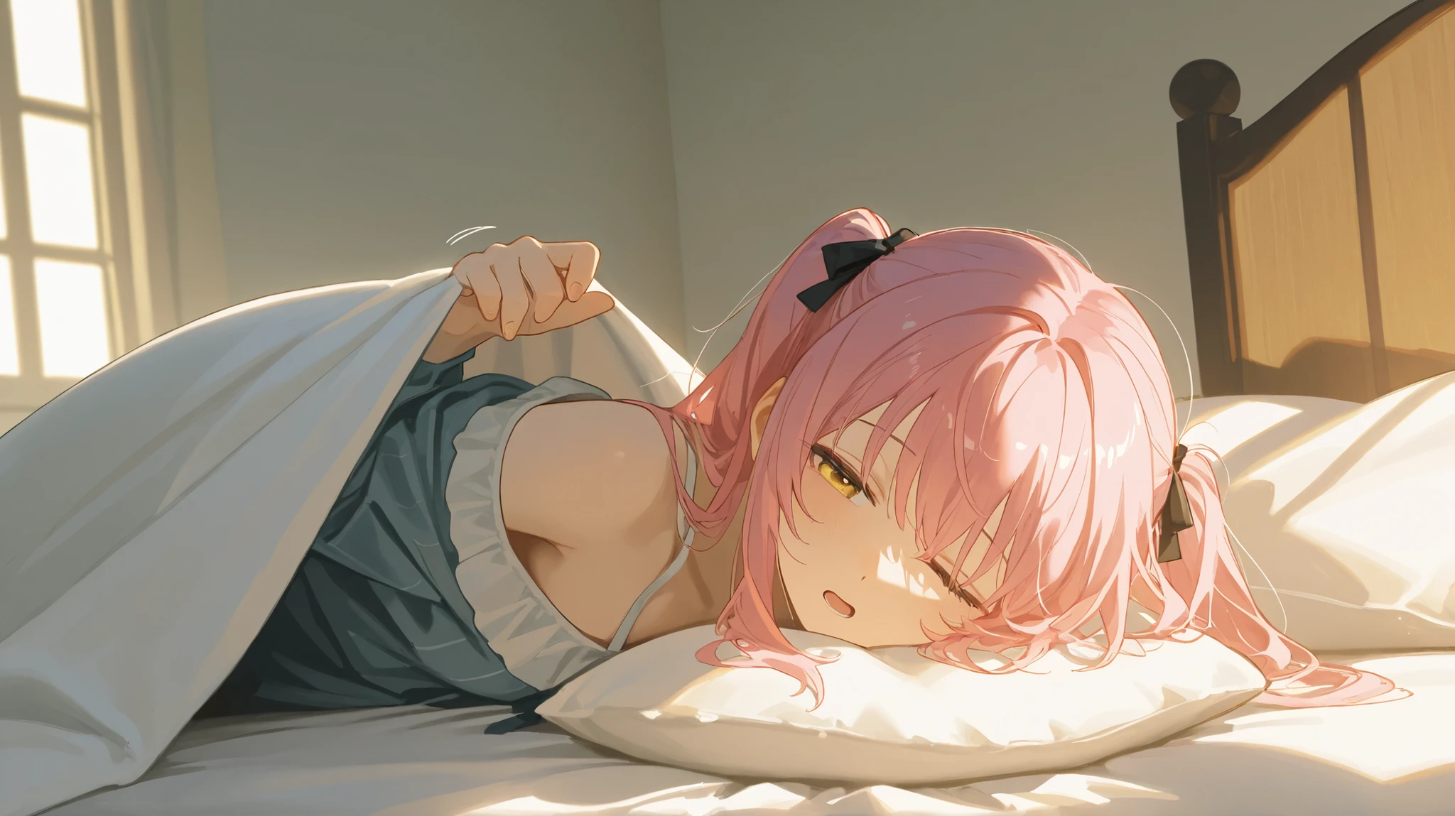 anime girl in 20s, long braided pink hair, brown eyes, blushing, lying in bed, naked