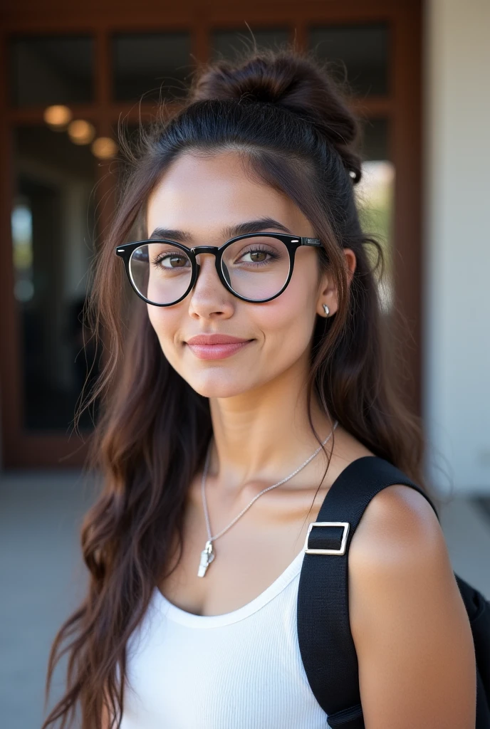 Chica cabello rizado cafe claro, lentes grandes y piel morena clara con un chico pelo negro y barba definida, stocky chubby guy and small square glasses