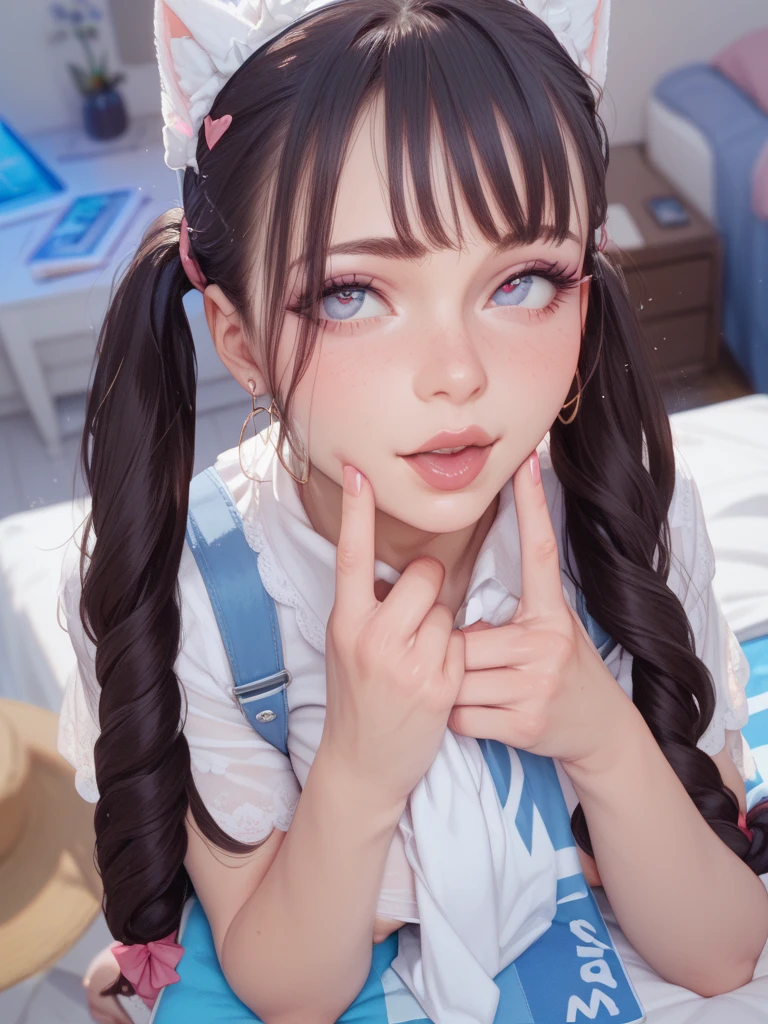 high quality, detailed,lady,(gray sweater,offshoulder,plain,very wet),blue eyes,blunt bangs,a mole under the eye,silver long hair,plaid skirt,get down on all fours,under the desk at office,tounge out,(blushing:1.3),smile,