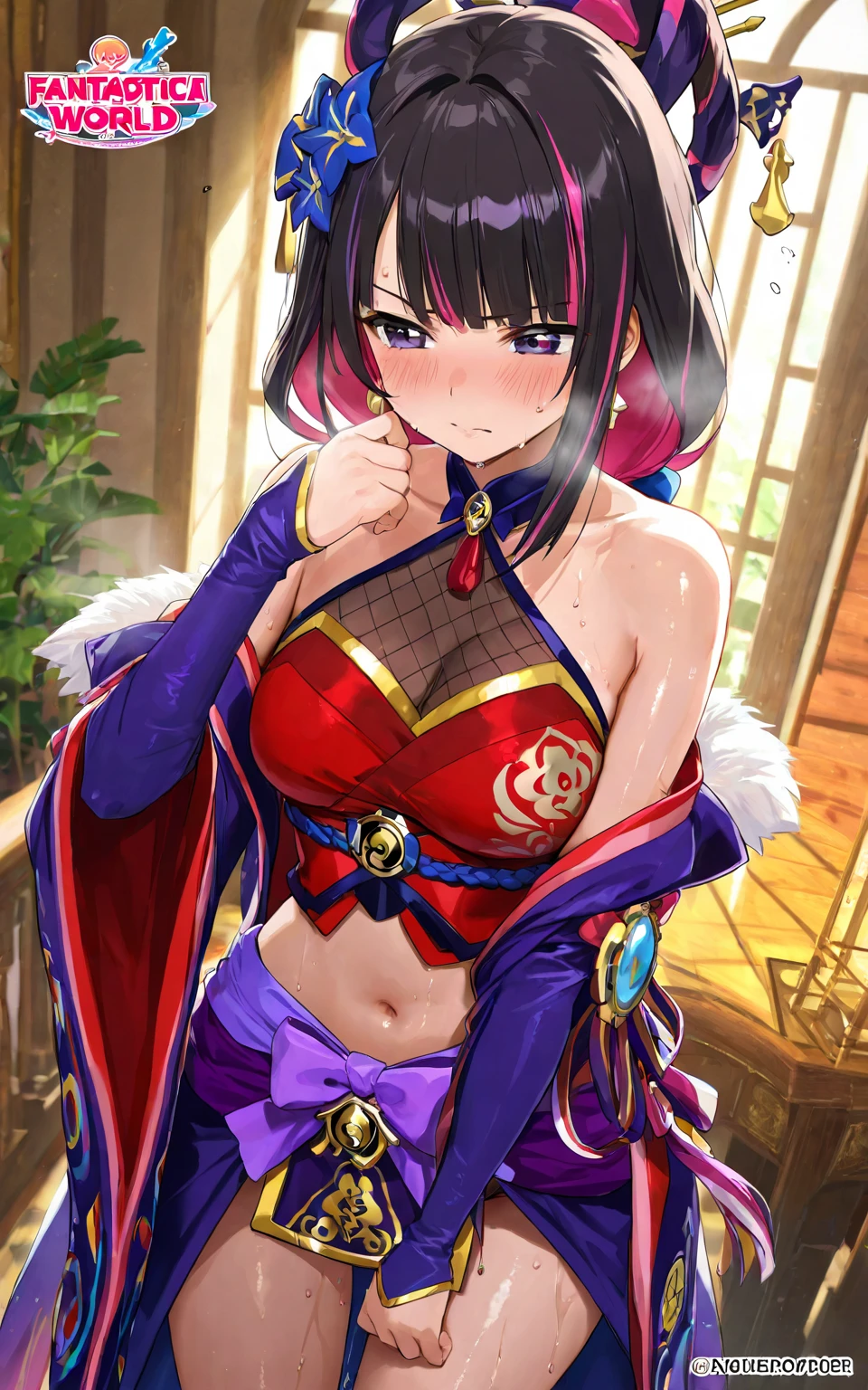 <lora:yamashiro_v1.0:0.8>, yamashiro\(azur lane\), \(origen\), japanese_clothes,1girl,solo,indoors, hand on own chest,from below,, masterpiece, best quality, extremely detailed face, sharp details, high contrast,