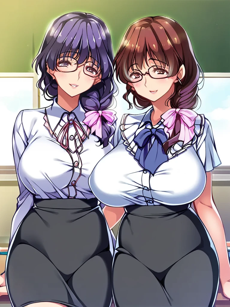 2heads, a tall thin woman with 2 heads. She has enormous breasts. She is wearing business attire. She is in an executive office. Laying on back, laying on desk. Straddling viewer, having sex with viewer. She has enormous fat breasts. She looks nerdy. Large circular glasses. She is smiling wide. She looks drunk. She has messy hair. She has giant hard nipples. She has gigantic fat breasts. She is very tall and thin. She looks young. Blushing, aroused. Drunk, intoxicated.