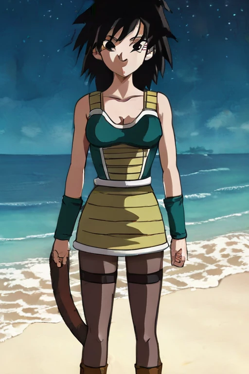 source_anime, score_9,score_8_up, score_7_up, ginedb, anime screencap,
1girl, solo, breasts, looking at viewer, smile, black hair, bare shoulders, medium breasts, closed mouth, standing, full body, black pantyhose, boots, outdoors, sky, day, cloud, water, blurry, black eyes, blue sky, bare arms, depth of field, blurry background, happy, cloudy sky, spiked hair, pink wristband, arm at side, rock, arms at sides, horizon, monkey tail, saiyan armor, green skirt, eyebrows, eyelashes, green saiyan armor, collarbone