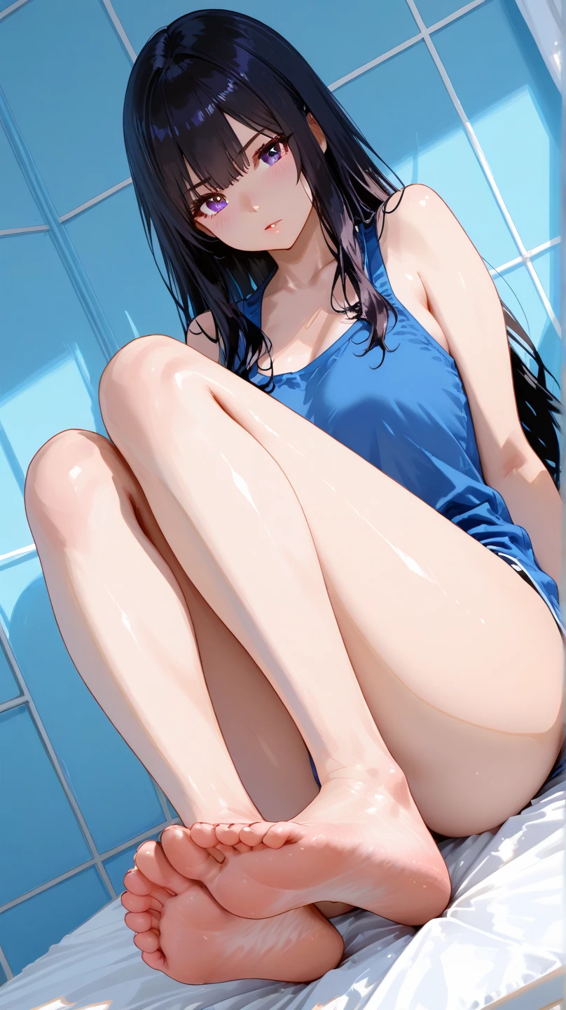 (score_9,score_8_up,score_7_up,),1girl,akali /(leaugeoflegends)/,red eyes,black hair,open long hair,bangs,updo hair,skinny body,solo,bandage breasts,bandaged crotch,looking at viewer,indoors,bare foot,feet focus,two feet,showing both feet,open legs,soles,armpit,five toes,five fingers,perfect feet,both feet,open legs,wet skin,beautiful eyes,oiled,nice lips,eyes shadows,nice nose,smooth skin,from above,