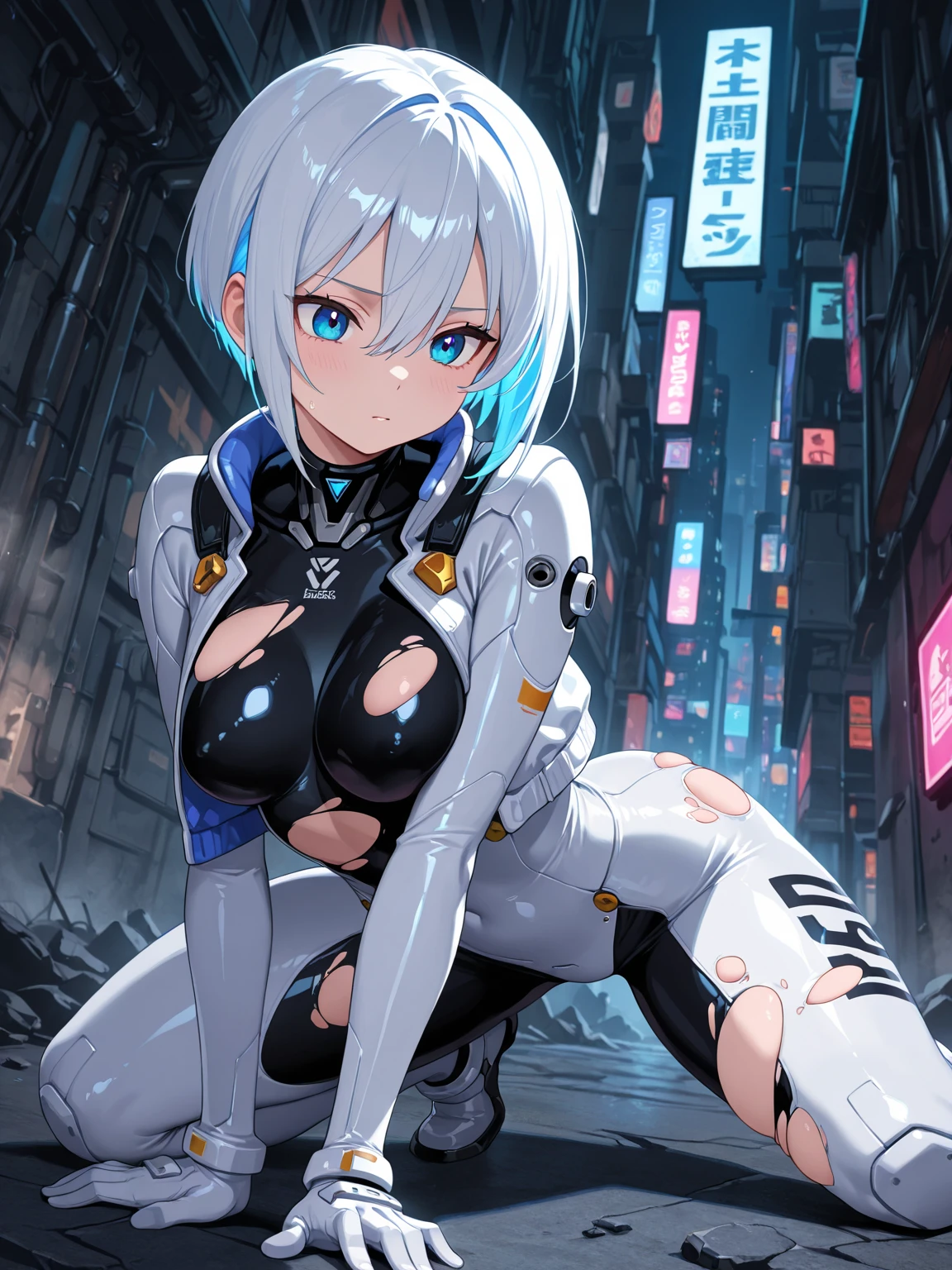  (cityscape:1.5), (NSFW, topless bare small middle boobies, uncensored bare pussy:1.5), (Face of love, I&#39;m so happy:1.5), (cyborg girl:1.5), low teen, stylish angle, stylish pose, (headphone, mechanical fuselage, mechanical clothing), looking at the viewer, bangs cut off, (blue mini skirt:1.2), plastic corset, Beautiful light effect, glowing skin, (removable long sleeves, very wide sleeve:1.5), (caution decal, corporate logotype:1.2), (small open mouth:0.8), 
