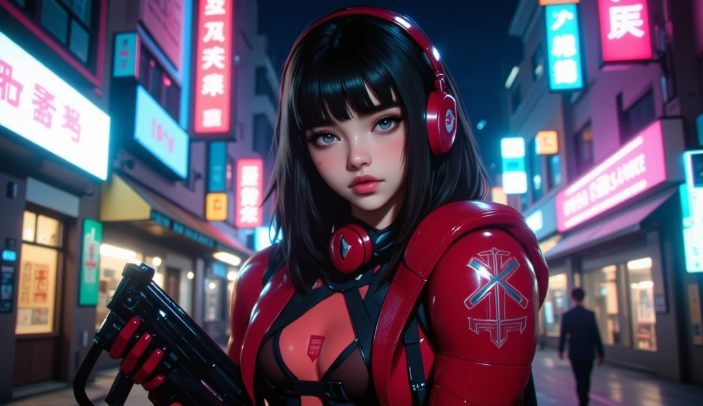 in style of American McGee,in style of David Sims, 1girl,protogen visor ghostwhite,Profile,90 degree tilt of neck,Face up,Oblique composition looking at viewer,
A intricate close up portrait of a beautiful, neonpunk dystopian asian girl , close up, dramatic glitter makeup, goggles futuristic lenses art by wlop, Ismail Inceoglu, bagshaw and artgerm, high rossdraws, guweiz and wlop and ilya kuvshinov, makoto shinkai, dynamic, rim light, intricate, sharpened, highest resolution, 8k, octane render, unreal engine, colorful, red and black silk, black lashes background, urban cyberpunk asian city, beautiful scene ,