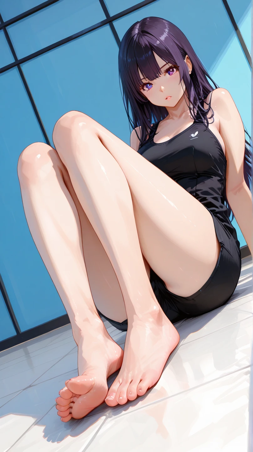 ((masterpiece, best quality)),((highres:1.2)), 1 Girl, solo, Blurred Background, (((Small breasts))), Thighs, (One piece swimsuit), pool, (leg lift:1.3) , groin