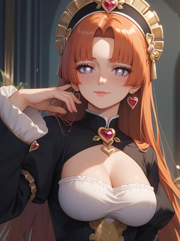 1 woman, (((((UHD))))), (((((masterpiece))))), ((((super detail)))), high details, ((((high quality)))), ((((best quality)))), (((highres))), ((((16k)))), ((Shadows)), red hair, hair over shoulder, side swept bangs, casual jacket, heart-shaped pupils, one eye closed, sparkling eyes, big beautiful light blue eyes, crystal earrings, grin, bright pupils, (evil smile), red lips, light blush, cheek-to-cheek, sparkle, god rays, backlighting, reflection light, bloom, dutch angle, perspective, from above, ((defined jawline))