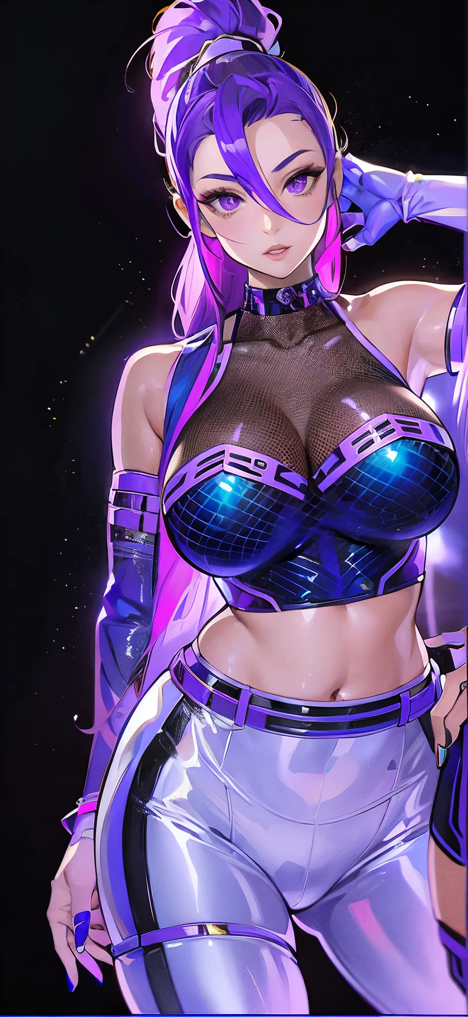 (Best Quality, masterpiece:1.2), (ultra high resolution), 1 girl, super attractive, dark hair, ear and navel piercing, round and large breasts, flashy clothes, colorful, pose sensual, Wallpaper, (dark background)