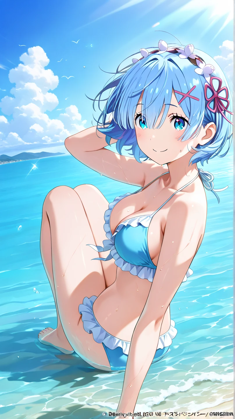 (masterpiece, best quality;1.3), ultra detailed, ooking at viewer, rem_re_zero, Facial close-up,blue hair, short hair, hair ornament, cleavage, detached sleeves, masterpiece, top quality, best quality, 1 , swimsuit party, in the water,fish,watermelon,cute style, perfect structure, summer theme,