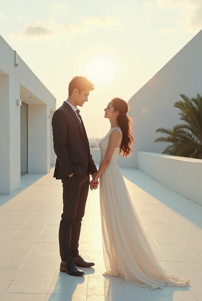 Bride and groom walking on the seaside walkway, digital rendering by Aya Goda, cg social trends, romanticism, cute couple, ao dai, rendering, photorealistic image, wedding photo, very realistic, very very realistic, couple pose, dress, white sleeves, cg art, happy couple, rendering, bride and groom, beautiful and elegant, colorful background, colorful clouds, Tyndall effect