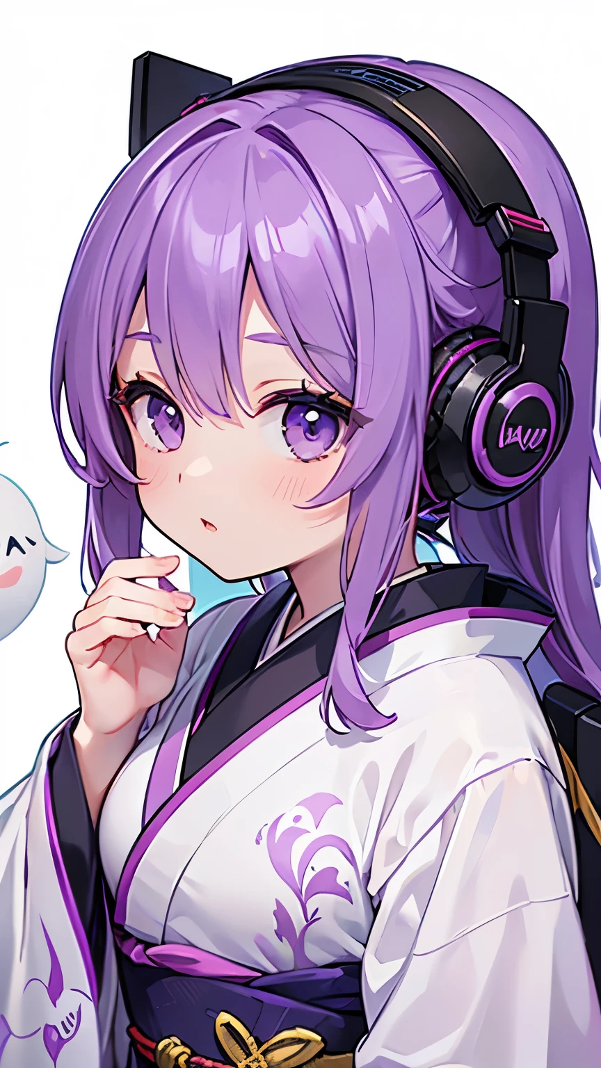 masterpiece,best quality,amazing quality,very aesthetic,,staring at me, purple long messy hair, Formative and mysterious artistic masks that cover both eyes, 1girl, solo, anime eye, bust shot,modest breasts,japanese_clothes, headphones, solo,star, kimono, (background)cute ghost, happy