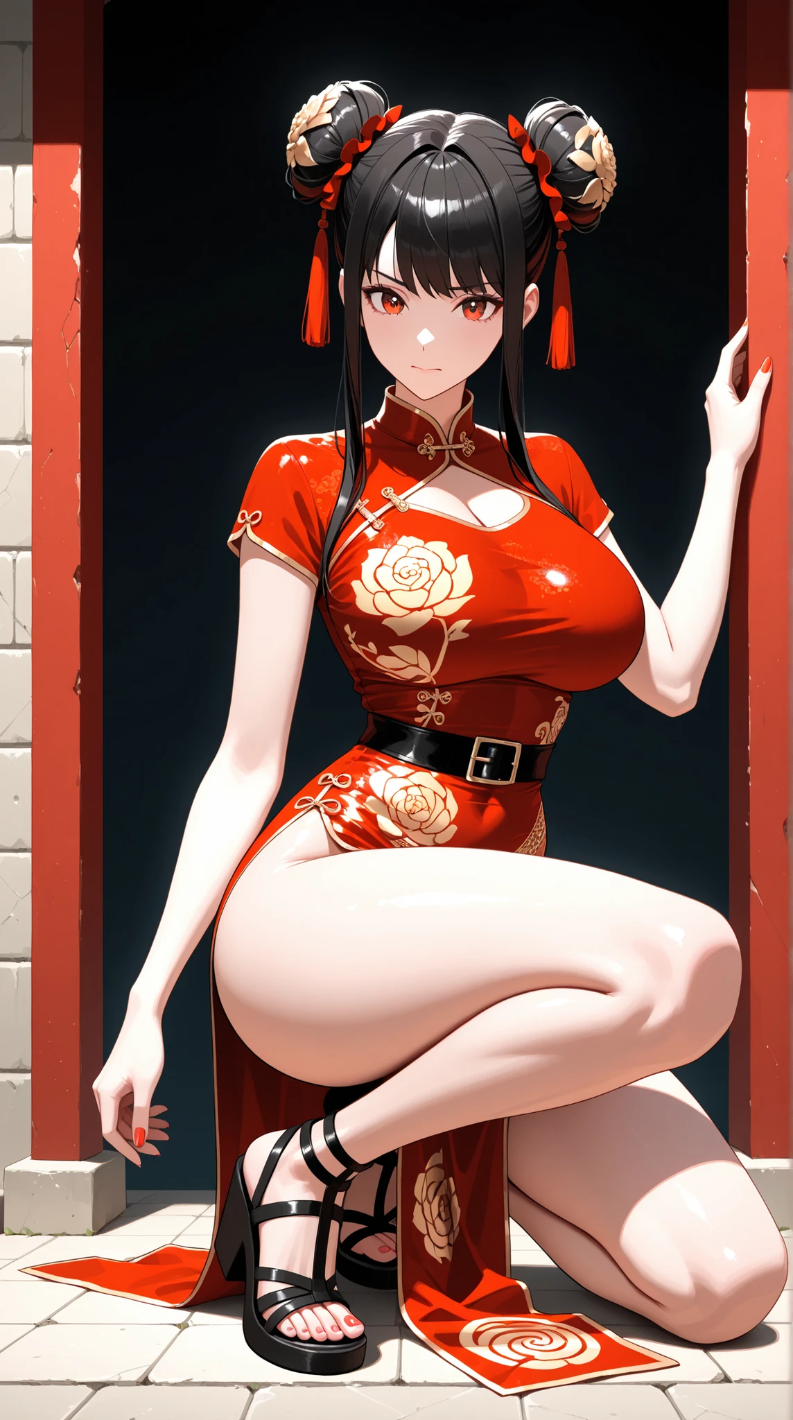 Best Quality, Supreme Masterpiece, super precise depiction, womanhood, sash belt, China Dress, Roman Sandals,