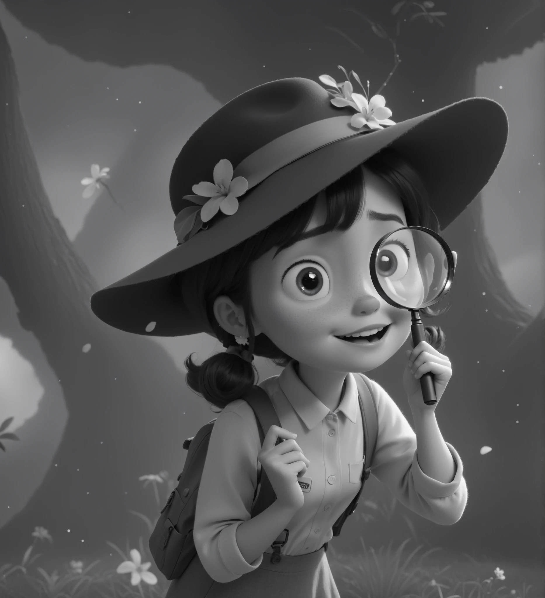 ((He looks through a magnifying glass in his hand)), Create a vibrant, Pixar-style illustration based on the provided image, but focusing on a path towards new adventures! The girl (around ) is wearing a hat and an explorer's outfit, but it should have a more color! Make the scene more bright! She finds a new way and points with passion her hands where the trail should be! The background features cute small forest animals, happy plants and the trail should be in front of her! Do not forget the small bag she has on her back! Emphasize her happy expression and her new adventure! Add more passion and a strong sign of adventure that she has on her face! Let’s go to new worlds! Her expression is curious and excited, ready to discover what awaits her. Bright and vivid colors, reminiscent of a ren's book illustration, enhance the enchanting feeling. The image has a happy mood and a welcoming smile.