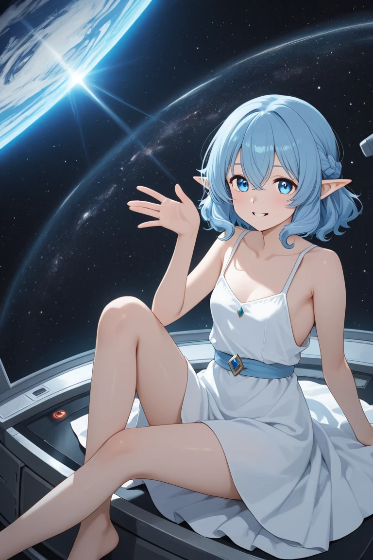 the space queen, golden edging, tall female, elf, small breasts, solo, (short blue hair: 0.9), (sci-fi: 0.9), armpits, high detail, masterpiece, (amazing quality: 1.1), (detailed: 0.91), (cinematic lighting: 1.2), command center, flagship, stars, space, dof, 1girl, masterful shading, (crossed legs: 1.21), interior, beautiful