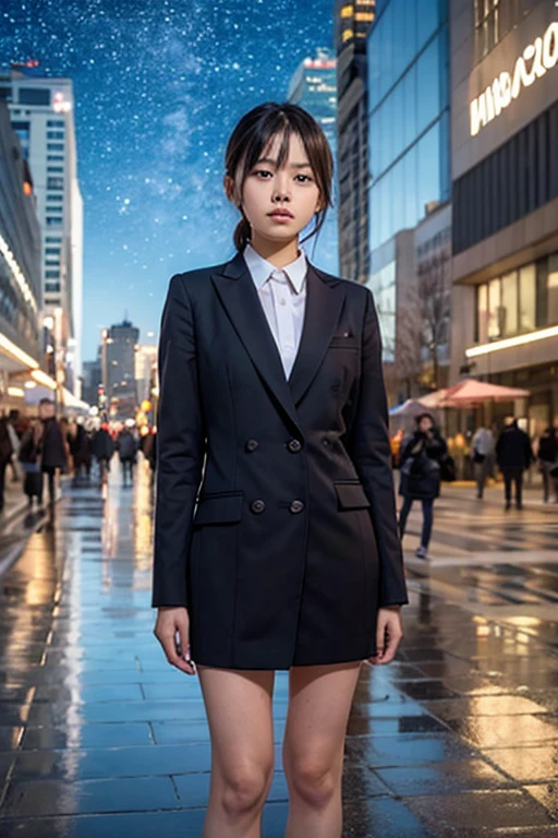 are smooth, 到處都是成百上千穿著same笑容的人 — 燦爛, fixed , same. They wear sterile white, A futuristic city square. In the Center, A girl stands out: teary eyes, Puzzled, and separately. Her clothes are a bit messy, Her expression is raw and humane. The buildings around, [cold, and the reflection, reflecting the same crowds. On sale, Standing neatly under a clear artificial sky.  Symmetrical frame , intense emotional focus, weird perfect, psychological narrative, digital painting, No text. 8K
