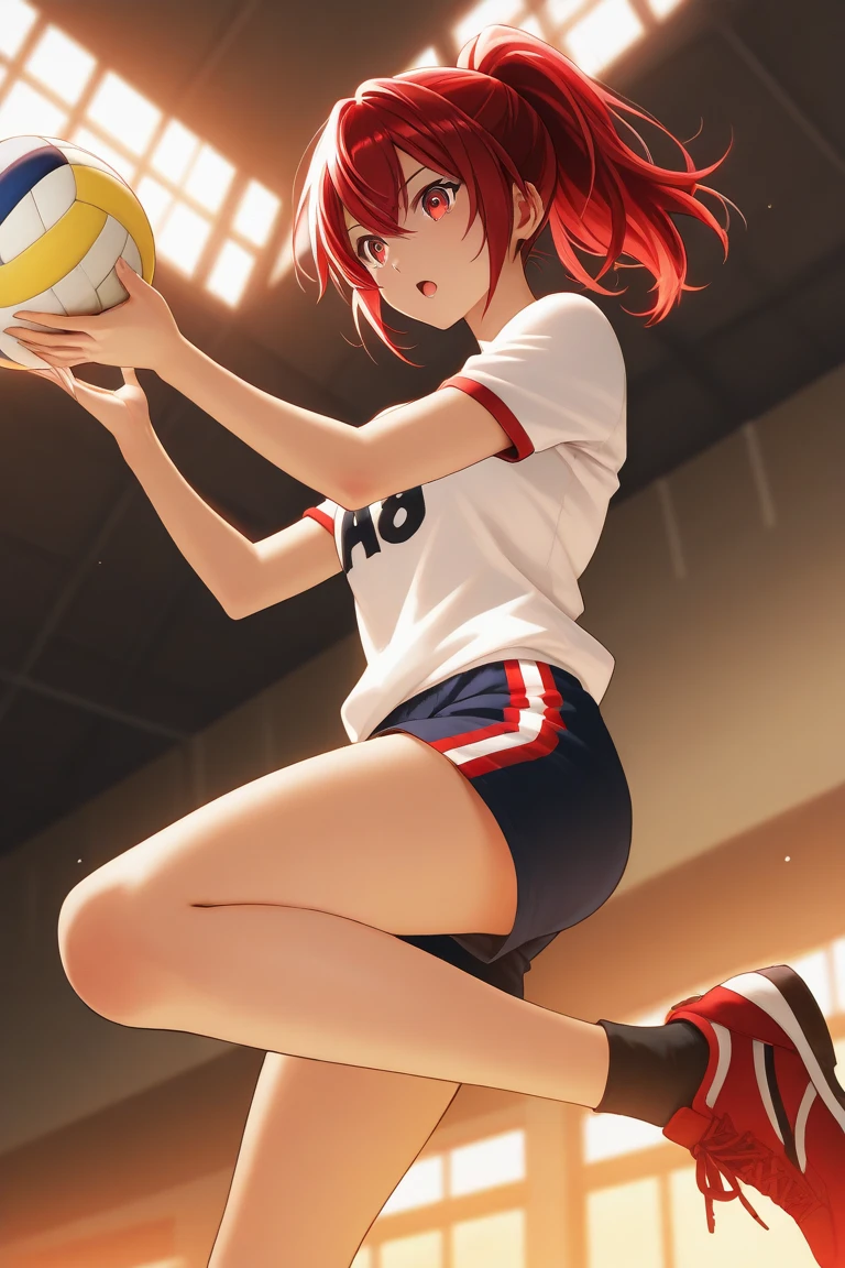 Masterpiece:1.2, Best quality), Bust photo,above chest,Overlooking,Realistic, (Real picture, Intricate details, Depth of field), (1girll, Solo), make up,Close-up close-up, parted lip, highly detailed, Perfect face,Huge breasts, (skin indentation), Thick thighs, Wide hips, Small waist, Tall, glossy coral lips,red hair, Red eyes, pony tails,
(A girl playing volleyball, white volleyball suit), (full of sweat:1.2), (Wet), Sexy, Blushing,