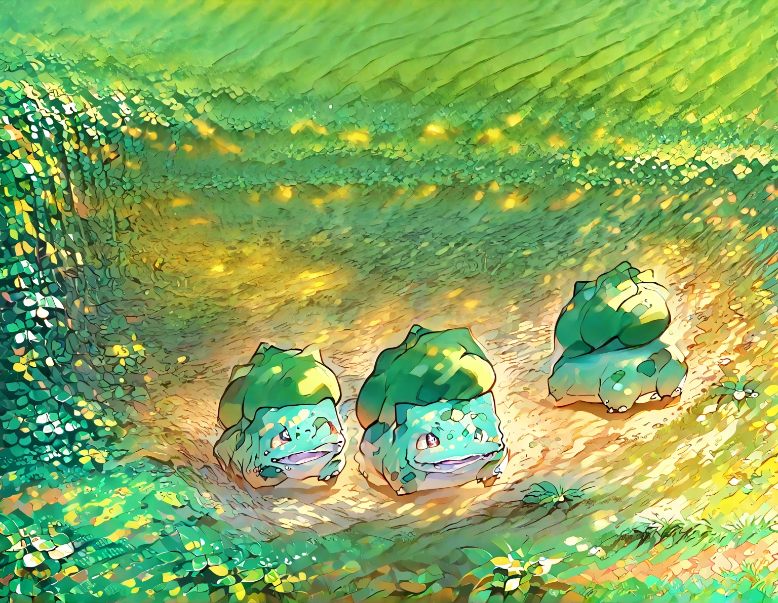 ghiblify anime scene of a forest with many small mushroom creatures, each with a face and a body, standing in a field of green grass. The creatures are of various sizes and are scattered throughout the scene, with some closer to the foreground and others further in the background. The overall composition is lively and full of movement, with the mushroom creatures interacting with each other in a playful manner. The scene is rendered in a vibrant, colorful style reminiscent of a Studio Ghibli anime.