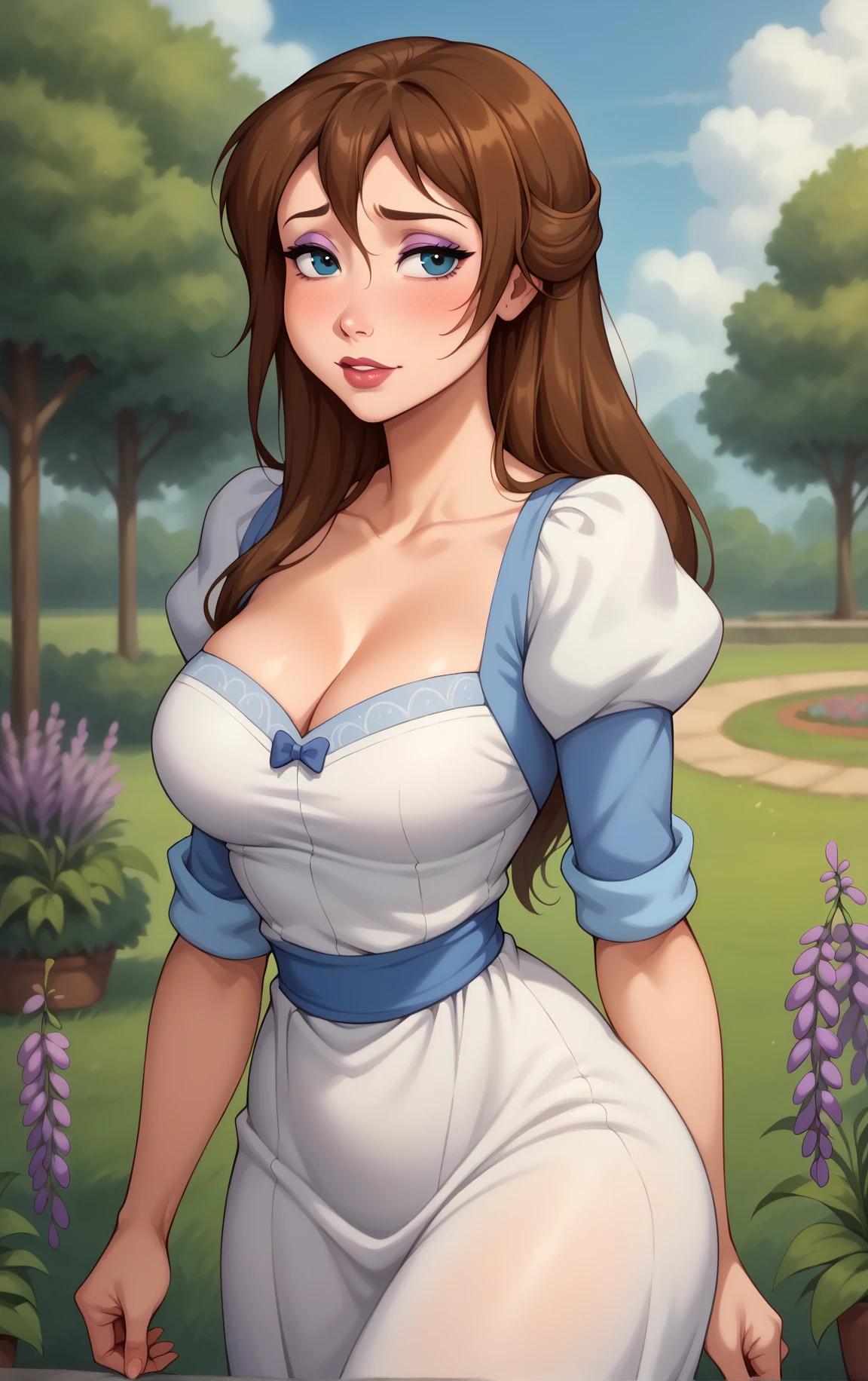 1girl, barefoot, braid, breasts, brown eyes, brown hair, bucket, cleavage, dress, grass, large breasts, legs, lips, long hair, outdoors, solo, twin braids, white dress