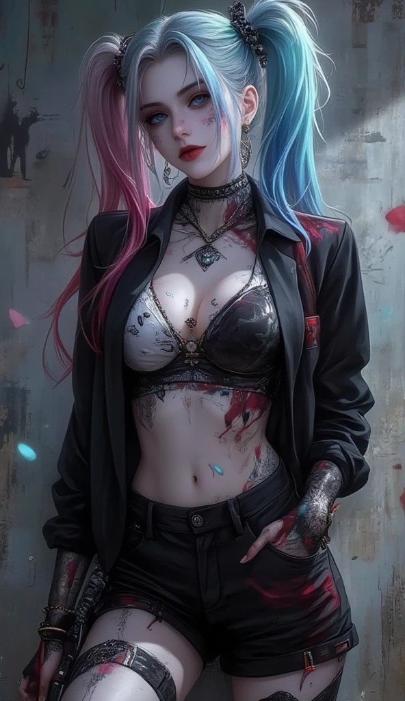 Comic art,limited-palette,<lora:tangbohu-detailer_1.0:0.5>,<lora:realistic:0.3>,a painting by mse a woman by agnes cecile,collarbone,cleavage,Even,[Frightening:0.4],[Sapphire theme:0.2],[short shorts|bermuda shorts:0.6],[Astounded:0.5],luminous design,vivid colors,ink drips,autumn lights,[Abandoned asylum:0.1],cinematic atmosphere,<lora:VampiricTech:0.7>,vamptech,<lora:KawaiiTech:0.6>,kawaiitech,