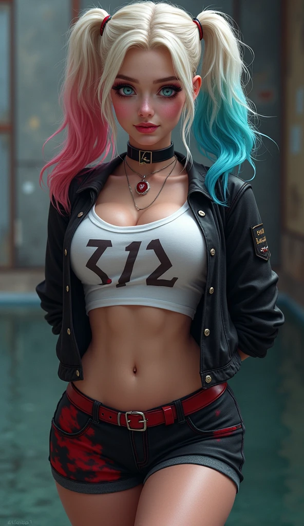 leather jackets　girl with　multicolored hair　beautiful a girl　blue eyess　a smile　top-quality　​masterpiece　超A high resolution　hyperdetailed face　super-detaild skin　huge tit　Beautie