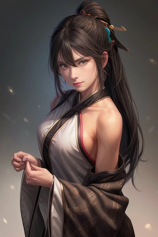 (((Perfect figure,figure,orange kimono, obi,hakama skirt,work,flame print kimono,(((hyuuga workbi,low tied long hair,hair bow,Light blue pupils))),S-shaped figure:1.7))),((masterpiece)),high resolution, ((Best quality at best)),masterpiece,quality,Best quality,((( Exquisite facial features,looking at the audience,There is light in the eyes,Happy,nterlacing of light and shadow,))),(((looking into camera,black background,)))