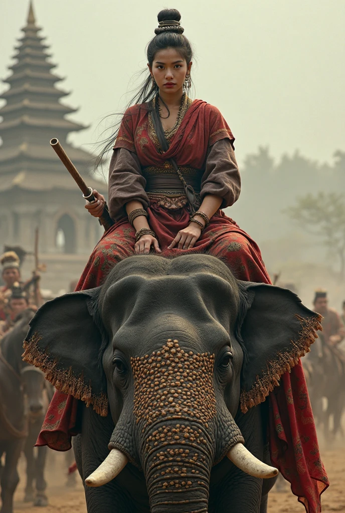 Another ancient Vietnamese anime female general riding an elephant, cool with armor. 
Look is scary