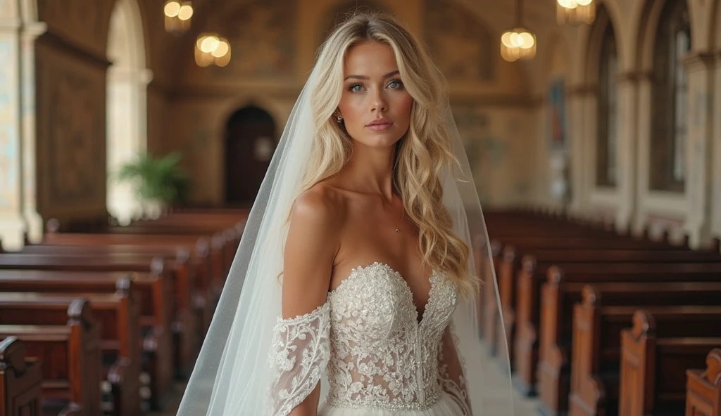 Realistic full body photo of a smiling blonde girl with long hair, ponytail hairstyle, She dances in front of the camera in a long A-line wedding dress with straps made of shiny satin., Park,glamour fotoshooting, Wedding celebration, perfect anatomy, perfect blue eyes. Perfect hands with 5 fingers on each hand, Matching girl, looking at the camera, 1 Frau. (Eye make up:1.1), (highly detailed skin:1.1), spirit, analog style, keen focus, 8K UHD, dslr, good quality, Fujifilm XT3, Grain, Award-winning, masterpiece. Wedding celebration
