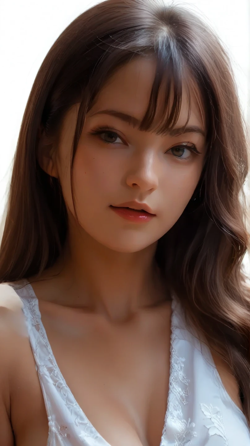 extreme face close-up,randome pose,1girl,(ultra detailed skin),curvy,,beautiful breasts,large breasts,pale skin,pointy breasts,erect nipples,(fantasy art,Highest image quality,Hyperrealist portrait,(8k),ultra-realistic,best quality, high quality, high definition, high quality texture,high detail,beautiful detailed,fine detailed,extremely detailed cg,detailed texture,a realistic representation of the face,masterpiece,Sense of presence,Dynamic,bold),(ultra thin hair),(ultra soft hair),(ultra straight hair),Swept long bangs,extra light coppery amber hair,hair over one eye,japanese clothes
