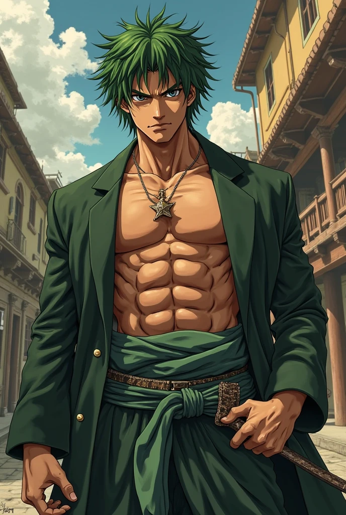 1 adult man, wanostyle, roronoa zoro, angry look, katana, (one eye closed), eye scar, green hair. alone, upper body, (((masterpiece))), ((best quality)), full body (extremely detailed), watercolor, illustration, scenery sea, beach sand, sky, sharp focus, soft lighting, hdr, colorful, good composition, spectacular, fire everywhere, black eyes, in a swimsuit