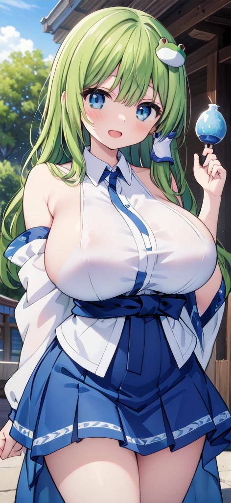 ((A Pretty nude high school girl sitting on the bed)), ((lifting up the sailor suit)), a red ribbon, wearing the pleated skirt, Baby face, ((top-quality, master piece, ultra-definition, high resolution)), anime girl, ((ultra-detailed illust:1.2)), 1 girl, bangs, hair between eye, green hair, beautiful hair, blue colored eyes, Shiny eyes, ((highlight in the eyes)), ((detailed eyes:1.2)), ((super gigantic breasts:1.3)), huge breasts, Soft breasts, cleavage of the breast, show breasts, emphasize the breasts, focused on breasts, ((erected nipples)), Big smile, enjoyed, laughing, opened mouth, belly button, slender thighs, take off clothes, Night view from the window, ((fireworks in the background)), ((in the Dark room, Backlighting))