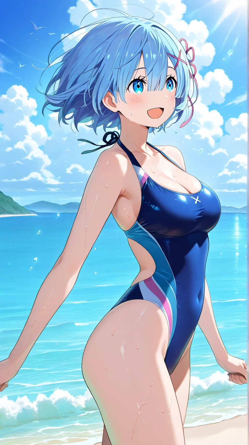 A young woman, 21-years-old, solo, Caucasian, black hair, cyan hair, gradient hair, multicolored hair, ponytail, two-tone hair, blue eyes, cheerful smile, dark blue bikini top, dark blue bikini bottom, midriff, holding a beachball, beach, thin silver necklace, white bracelet