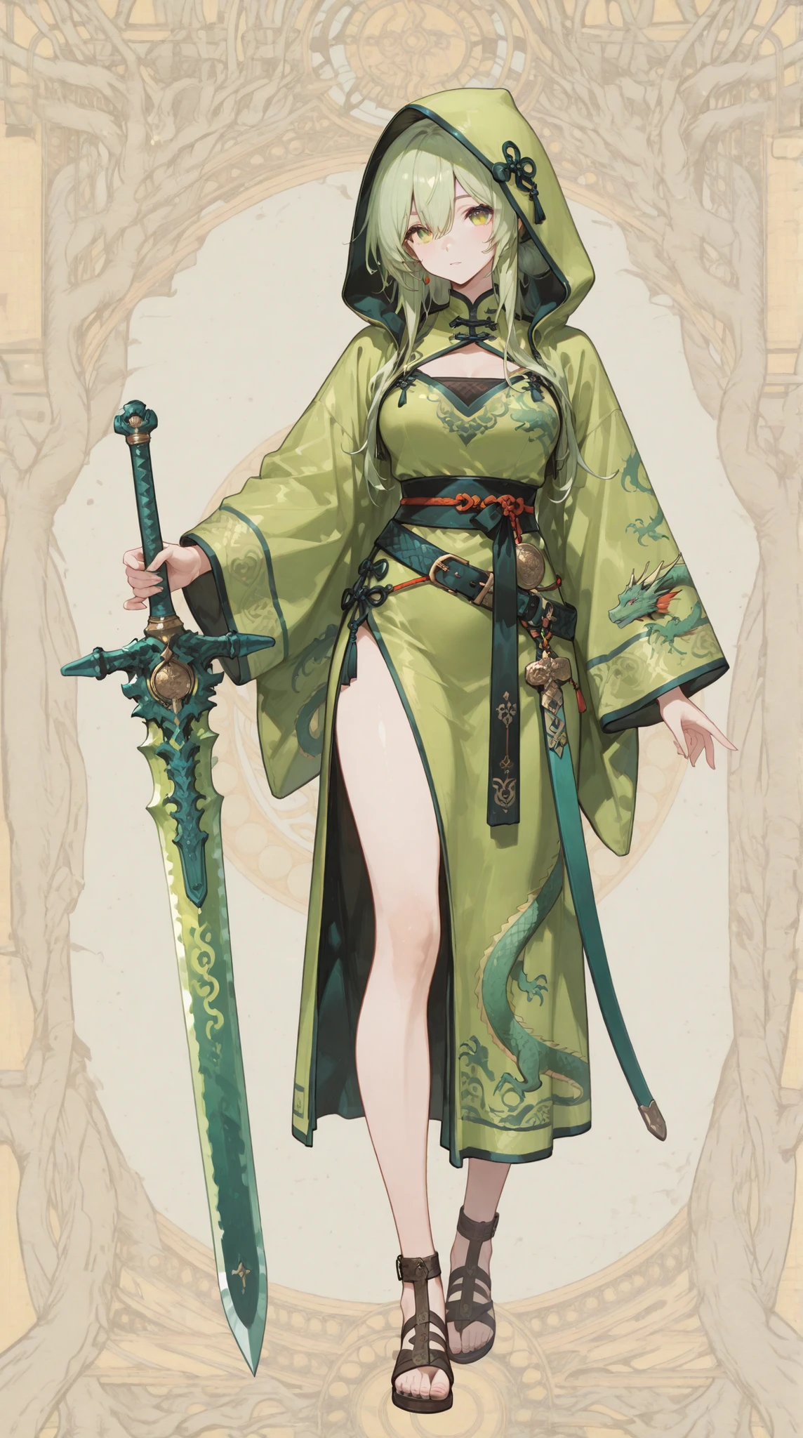 Cute girl, green hair, one gray eye and the other eye was cut like a scar, three swords, full body, An injured eye, Satan, sexy body, sexy, Loose Japanese clothing