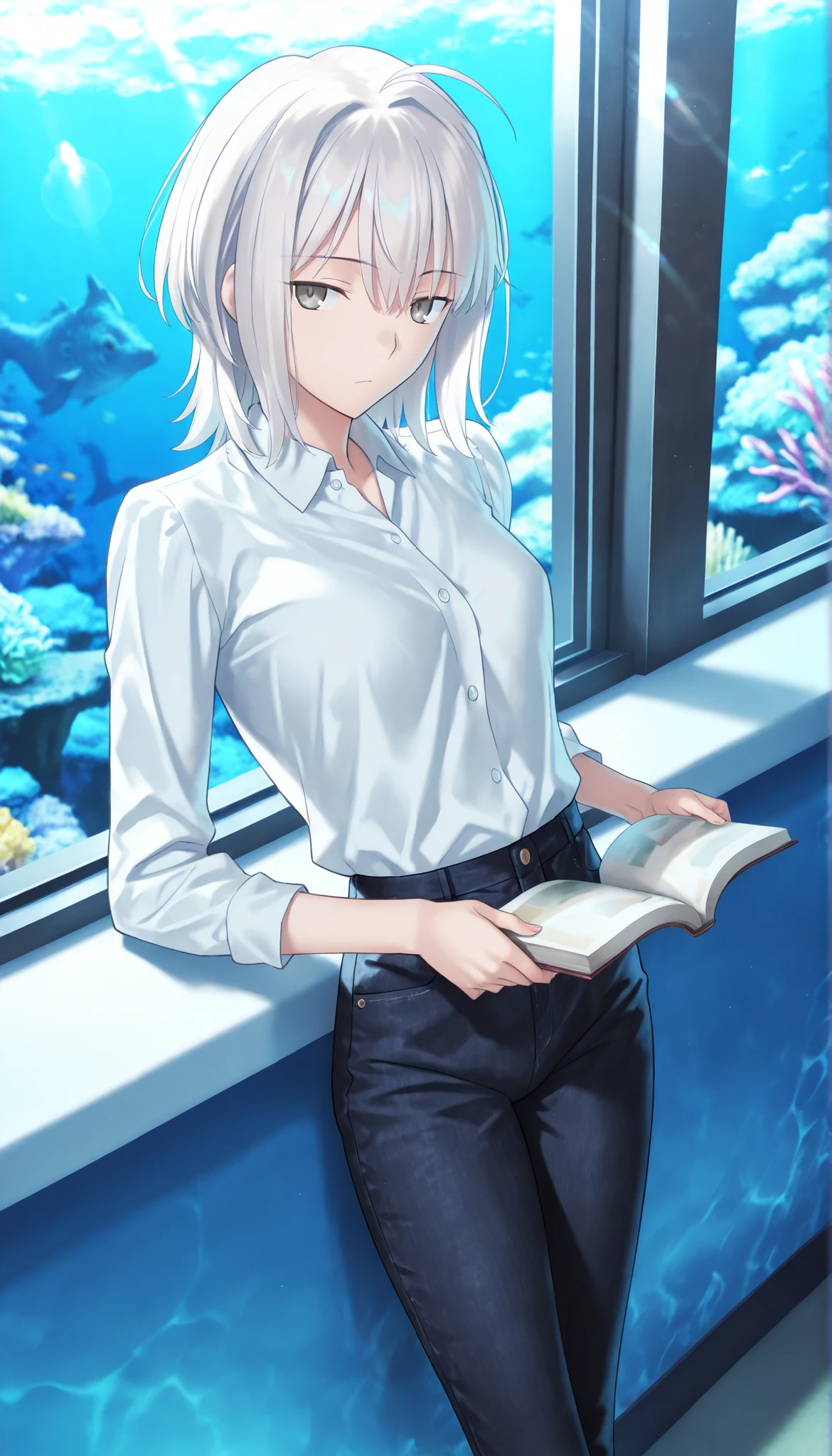 masterpiece, , absurdres, highres, detailed background, high resolution, masterpiece, necessary, detail, best quality, quality, necessary, details, High details, Precise, 8k, indoors,(aquarium),day lens flare, blurry background, from above,                                             
                                                                                                                                                                                                                         1girl, , koyama hirokazu (type-moon) style, ,Takeuchi Takashi style, (aged up),( ), ,((very long thighs)), leaning on wall,    
   
very tall girl, (slender body, slim arms, slim body), solo, sidelocks, reading book, , ,
((wolf cut hair)), white hair, medium hair, gray eyes, half-closed eyes, jitome ,bangs, hair between eyes, ahoge, ,(black collared shirt, , long sleeve ,dark blue denim pants, long pants, ), ,(small breasts),(looking at viewer),     , , 