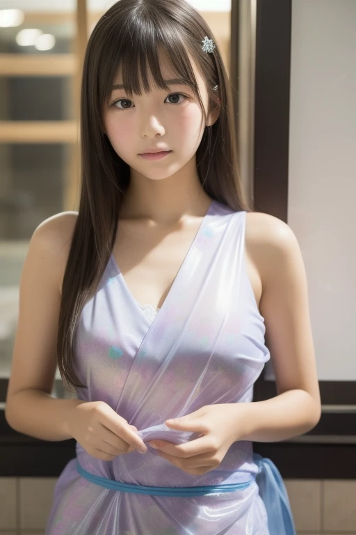 1girl,lavender color clothes,long wavy hair,big breasts,eyes looking at viewer,ultra realistic,highly detailed,photorealistic,4k,8k,masterpiece,vivid colors,natural lighting,soft lighting,warm color palette, covered clothes, beautiful detailed clothes,