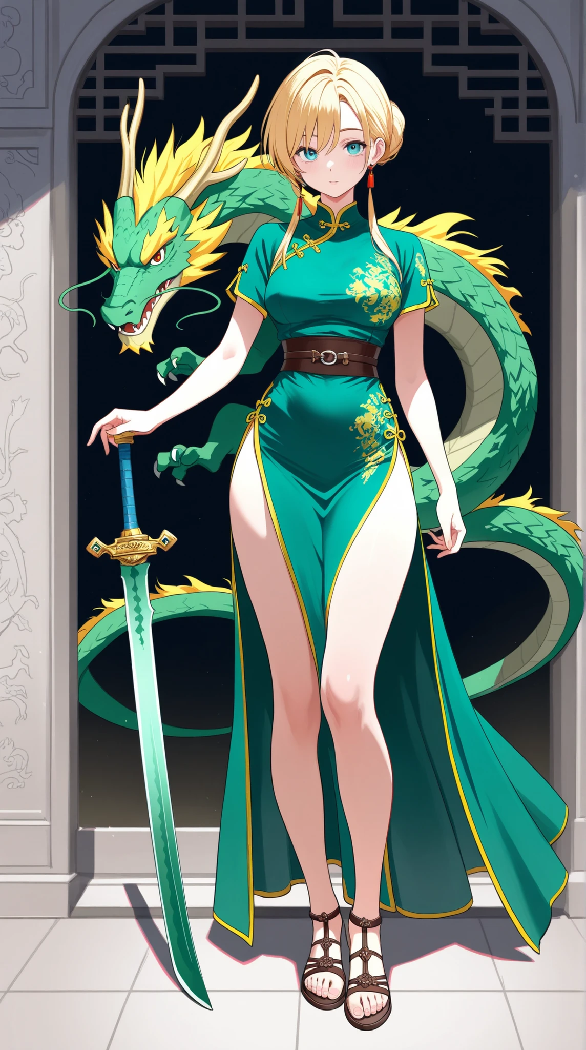(Top Quality)) , (super A high resolution) , (Super Detailed) , (precise depiction) , ((Best Photos)) , (best works of art on the Moon) , Ultra Precision Art , amazing depiction of art , womanhood, sash belt, China Dress, Roman Sandals, Green Dragon Sword, Exquisite carving,