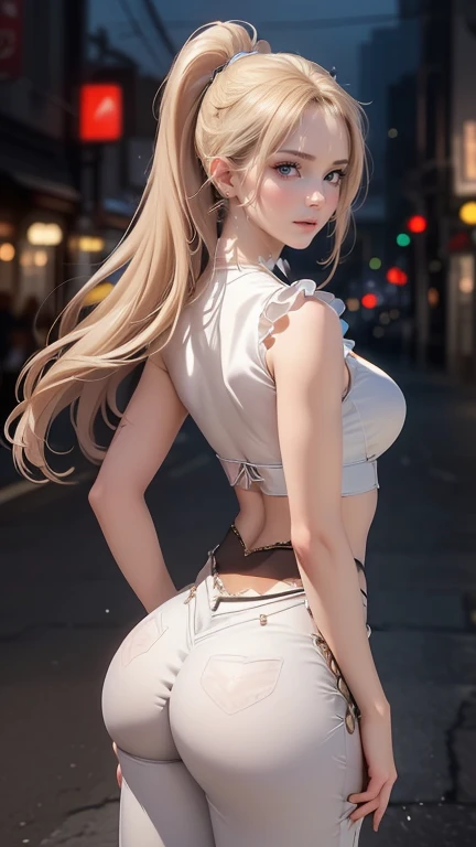 (looking back),Vulgar,low angle,from below, ((panty shot)),(nsfw:1.5), ((lifting skirt)),((white panties focus)), ((1girl, skirt lifted by the wind,showing white panties masterpiece:1.4, best quality)),(Vulgar,nsfw),(skirt lift,very windy),(beautiful elegant white panties),very low angle,from below),((masterpiece, highest resolution,best quality)),  (beautiful photo realistic illustration), ((semi long beautiful blonde hair,blunt bangs,pony tail,beautiful eyes)),(solo),(beautiful elegant light blue sexy knit one piece skirt,skirt lifted by the wind),(looking back at the viewer), (walking around the flower park),
(innocent smile, Embarrassed),(white over-kneehighs,Lace chalker, wristband, fingerless gloves, over-kneehighs,
Lace chalker, diamond necklace,wristband, fingerless gloves, earrings), (cinematic lighting, very windy),flower park,big city,busy street,day,blue sky,flowers and trees,crowded,(from the ground),(beautiful elegant Underwear patterns),
