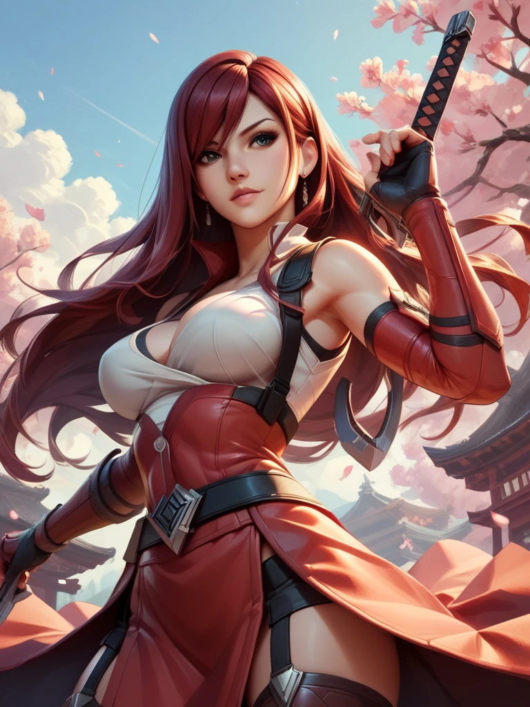 (((depic young girll))), (((top-quality, masterpiece))), 4k, HD, one girl, long hair, red hair, straight hair, poney tail, nice , (Masterpiece, Excellent, complex details), delicate girl, delicate face, sassy, white ribbons, one eye hide by hair, brown eyes, clavicle, ((( sarashi))), bandage,  arms, diaphragme, (((red pants))), standing, ((holding katana sword in hand)), outside, atmosphere of feudal Japan