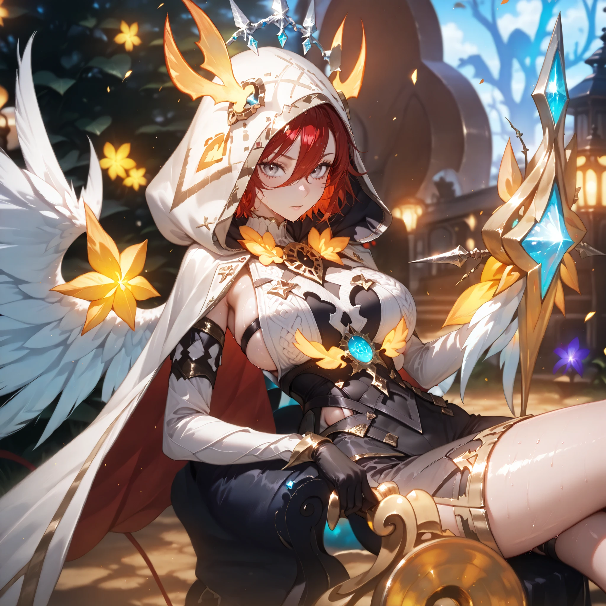 (SuperQuality:1.0) ~ (SuperQuality:1.2), detailxl, 1girl, High Resolution, Best Quality, High Details, Super Detailed, detailed background, red hair, short hair, hair between eyes, silver eyes, hood, head ornament, sideboob, thighs, large breasts, holding a bow, glowing, looking at viewer,