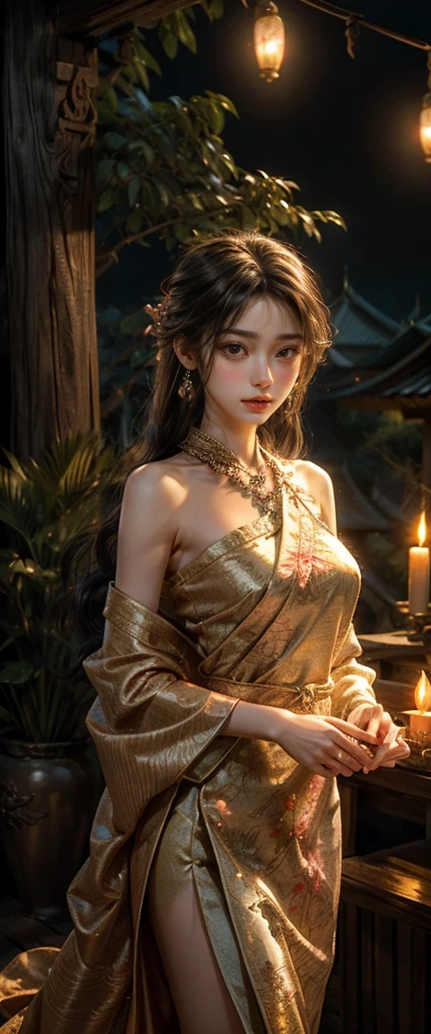 top quality, masterpiece, hi-res, 1 woman, 35 years old, Japanese, western style fortune teller outfit, hair ornament, necklace, jewelry, beautiful face, calm smile, upon_body, Tyndall effect, photorealistic, divination room, candles on table, tarot cards, rim lighting, two tone Lighting, (High Definition Skin:1.2), 8k uhd, DSLR, soft lighting, high quality, volumetric lighting, candid, photography, high resolution, 4k, 8k, bokeh