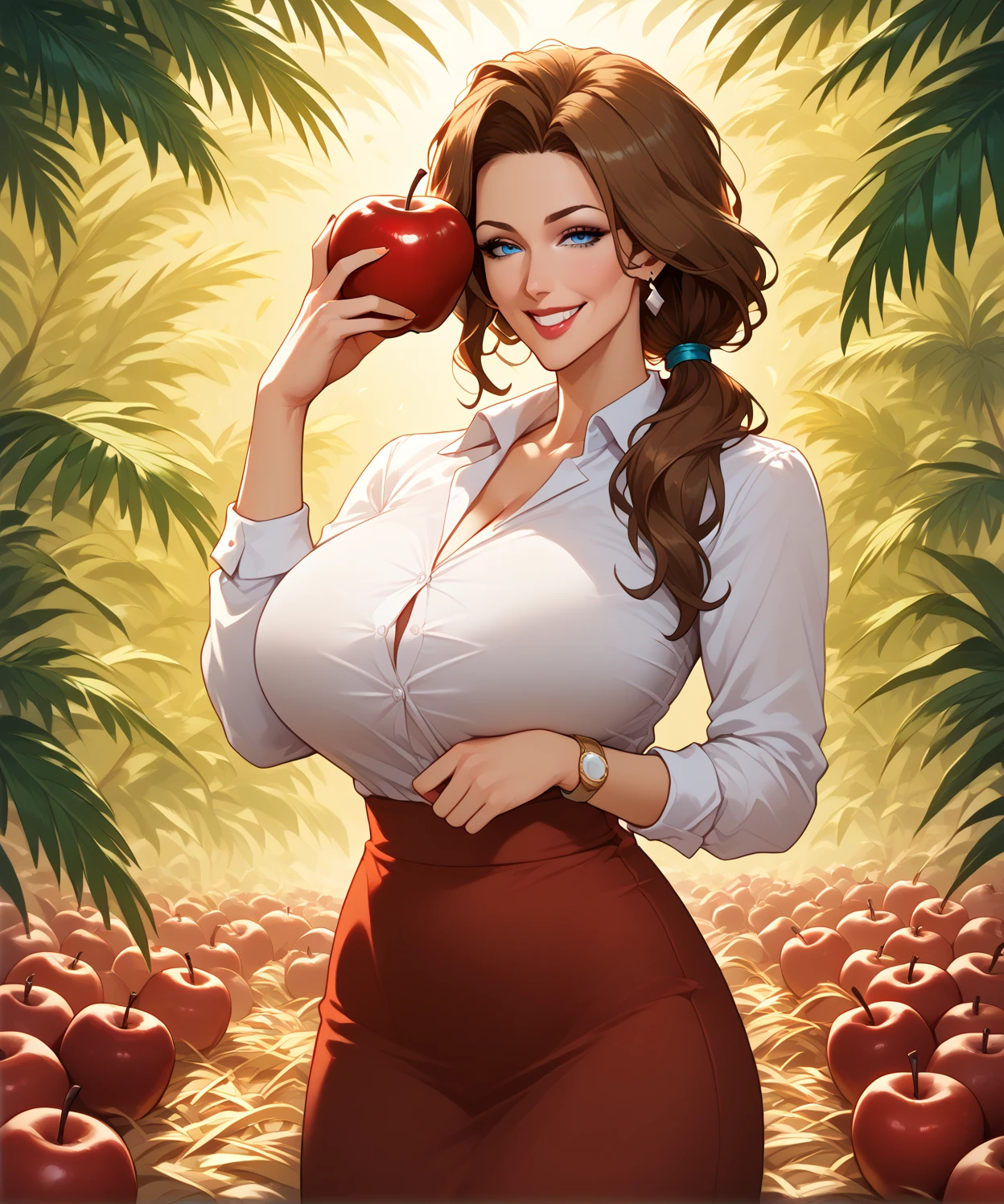 best quality, masterpiece, btfrm, detailed, A tall woman in market, sexy pose, <lora:bootyFarmStyleLora_v10Dim128:0.7>, jeans, perspective, apple in hand