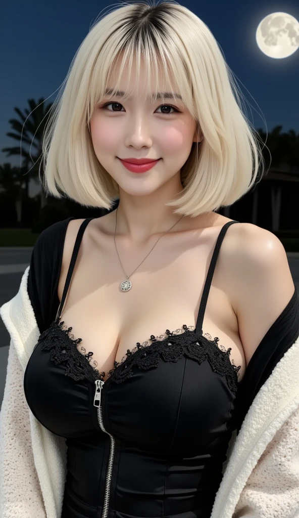 ((((masterpiece, Best Quality, High resolution)))), extremely detailed 16K, sexy Beautiful 17years old japanese lady with slim body, (Ultra HD, Ultra-detailed, Highly detailed, Highly realistic, Ultra-realistic, photos realistic), (1girl:1.5), (bright blonde hair:1.2), short bob cut, (dynamic poses), facing at camera, light smile, (glossy ultra-huge firm breasts, glossy skin: 1.2), (beautiful detailed face, Beautiful detailed brown eyes), (glossy white long captain cotton jacket, Chest zip not fastened and widely open, black see-through lace bra, glossy black cotton pants:1.5), (pink nipples visible:1.2), Glow, Sweat, (beautiful sunset, soft Sunlight), sexy long legs, nakeness,bared chest,Sexy, Blushing,look up to the sky, ultra realistic wide landscape, photogenic scenery,bewitching dance on board, luxury yacht , windy day,hair blowing in the wind