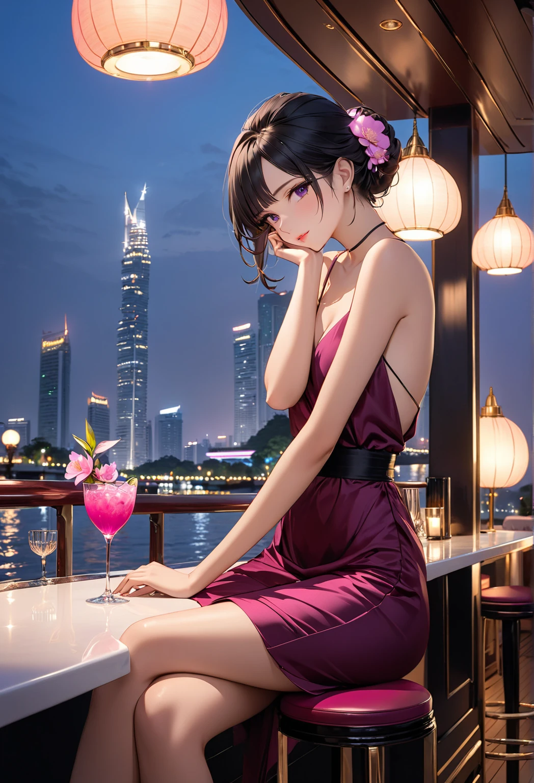 A young Japanese beauty sips beer from a beer jockey in an 80's anime-inspired setting. She sits on a wooden stool, surrounded by neon-lit cityscapes at dusk. The beer jockey is held elegantly between her fingers, with a subtle smile playing on her lips. Her long black hair flows like silk in the soft glow of the city lights, while her bright pink dress adds a pop of color to the scene.